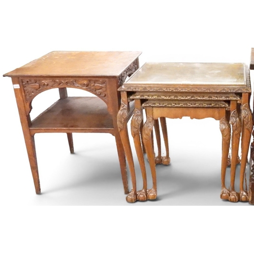 44 - A lot comprising 20th century oak two tier occasional table with carved friezes on square tapering s... 