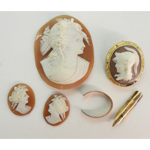 747A - A yellow metal mounted cameo brooch, a partial 9ct wedding ring and a yellow metal pen nib, weight a... 