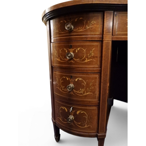 2043 - A LARGE 19TH CENTURY SHERATON REVIVAL STYLE MARQUETRY INLAID KIDNEY SHAPED DESKwith embossed skiver ... 