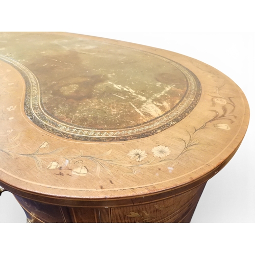 2043 - A LARGE 19TH CENTURY SHERATON REVIVAL STYLE MARQUETRY INLAID KIDNEY SHAPED DESKwith embossed skiver ... 
