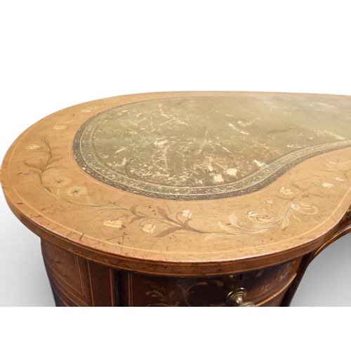 2043 - A LARGE 19TH CENTURY SHERATON REVIVAL STYLE MARQUETRY INLAID KIDNEY SHAPED DESKwith embossed skiver ... 