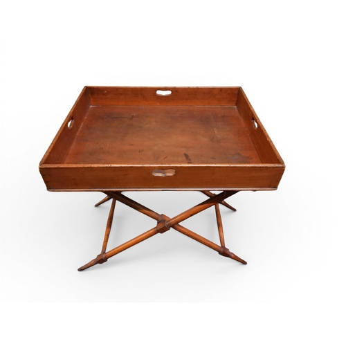 2044 - A 19TH CENTURY MAHOGANY BUTLERS TRAY ON STAND&nbsp;rectangular tray with shaped gallery with pierced... 