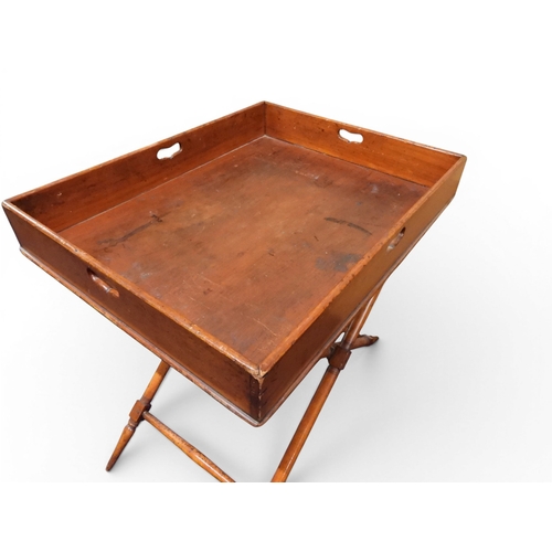 2044 - A 19TH CENTURY MAHOGANY BUTLERS TRAY ON STAND&nbsp;rectangular tray with shaped gallery with pierced... 