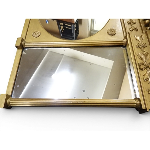 2045 - A 19TH CENTURY GILT GESSO TRIPLE PLATE OVERMANTLE MIRRORwith&nbsp;inverted breakfront cavetto ball c... 