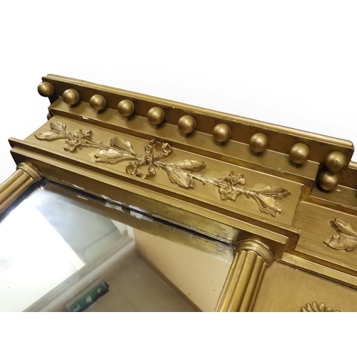 2045 - A 19TH CENTURY GILT GESSO TRIPLE PLATE OVERMANTLE MIRRORwith&nbsp;inverted breakfront cavetto ball c... 