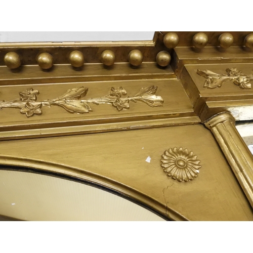 2045 - A 19TH CENTURY GILT GESSO TRIPLE PLATE OVERMANTLE MIRRORwith&nbsp;inverted breakfront cavetto ball c... 
