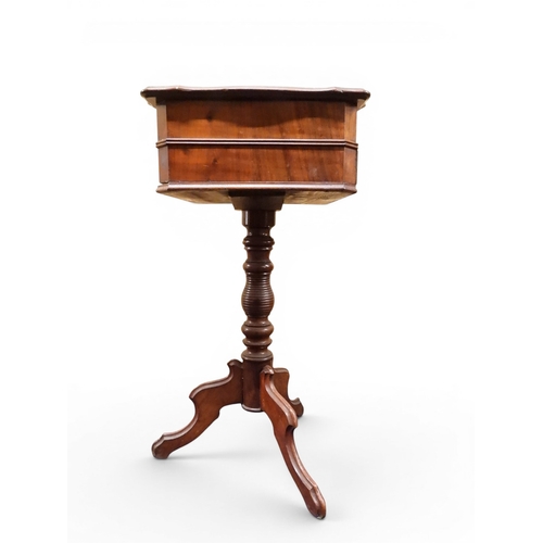2047 - A VICTORIAN MAHOGANY SEWING WORK TABLE&nbsp;with hinged shaped top concealing fitted interior with l... 