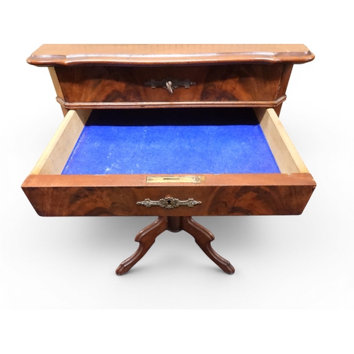 2047 - A VICTORIAN MAHOGANY SEWING WORK TABLE&nbsp;with hinged shaped top concealing fitted interior with l... 