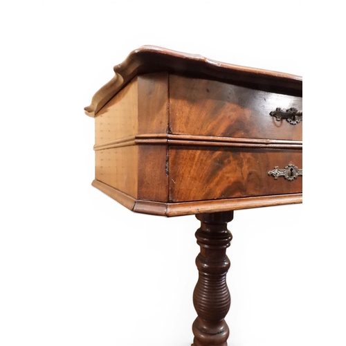 2047 - A VICTORIAN MAHOGANY SEWING WORK TABLE&nbsp;with hinged shaped top concealing fitted interior with l... 