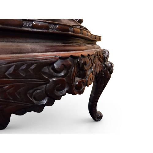 2049 - A MEIJI ERA JAPANESE HARDWOOD TUB ARMCHAIR&nbsp;with elaborately carved/pierced dragon backrest over... 