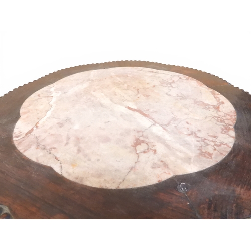 2050 - A 19TH CENTURY CHINESE HARDWOOD JARDINIERE STAND&nbsp;shaped marble inset top over carved pierced fr... 
