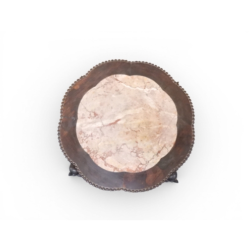2050 - A 19TH CENTURY CHINESE HARDWOOD JARDINIERE STAND&nbsp;shaped marble inset top over carved pierced fr... 