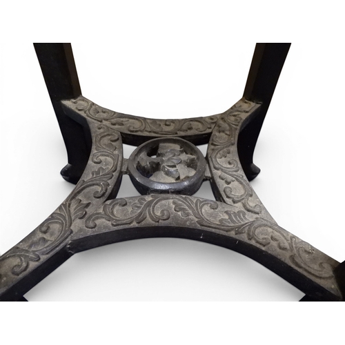 2050 - A 19TH CENTURY CHINESE HARDWOOD JARDINIERE STAND&nbsp;shaped marble inset top over carved pierced fr... 