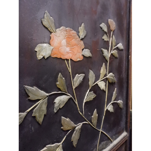 2051 - A LATE 19TH CENTURY CHINESE HARDWOOD FOUR PANEL ROOM DIVIDER&nbsp;with applied soapstone decoration ... 