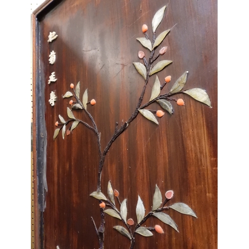 2051 - A LATE 19TH CENTURY CHINESE HARDWOOD FOUR PANEL ROOM DIVIDER&nbsp;with applied soapstone decoration ... 