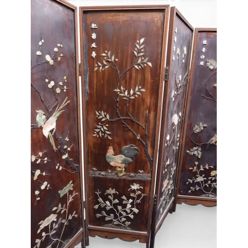 2051 - A LATE 19TH CENTURY CHINESE HARDWOOD FOUR PANEL ROOM DIVIDER&nbsp;with applied soapstone decoration ... 