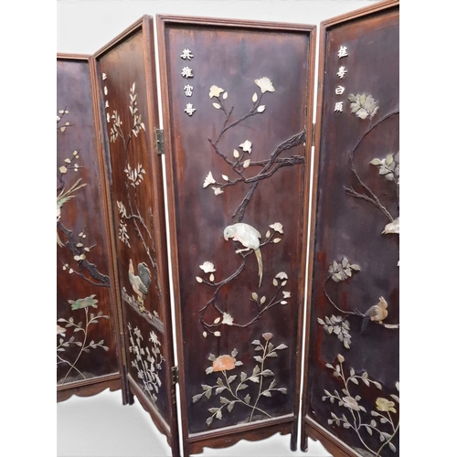 2051 - A LATE 19TH CENTURY CHINESE HARDWOOD FOUR PANEL ROOM DIVIDER&nbsp;with applied soapstone decoration ... 