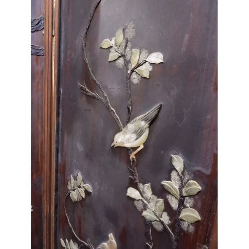 2051 - A LATE 19TH CENTURY CHINESE HARDWOOD FOUR PANEL ROOM DIVIDER&nbsp;with applied soapstone decoration ... 
