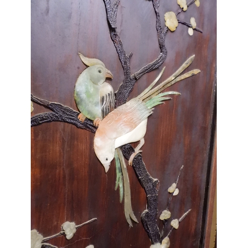 2051 - A LATE 19TH CENTURY CHINESE HARDWOOD FOUR PANEL ROOM DIVIDER&nbsp;with applied soapstone decoration ... 