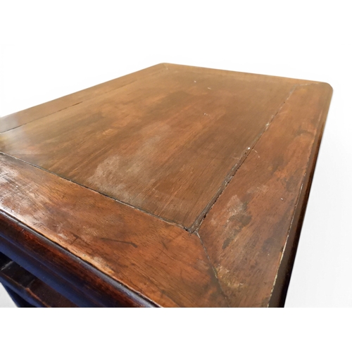 2052 - A PAIR OF 19TH CENTURY CHINESE HARDWOOD LOW TABLES with plain rectangular tops on square shaped supp... 