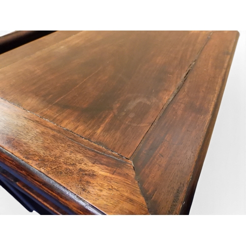 2052 - A PAIR OF 19TH CENTURY CHINESE HARDWOOD LOW TABLES with plain rectangular tops on square shaped supp... 