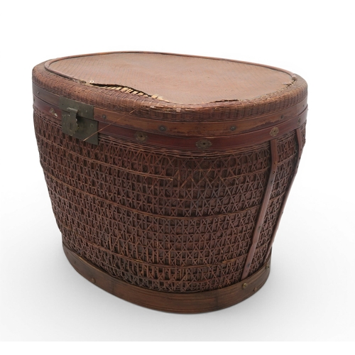 56A - A Chinese oval-shaped rattan wedding basket, with intricately woven lattice body, 19th century, 52 x...