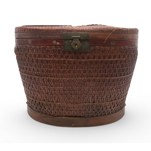 56A - A Chinese oval-shaped rattan wedding basket, with intricately woven lattice body, 19th century, 52 x...