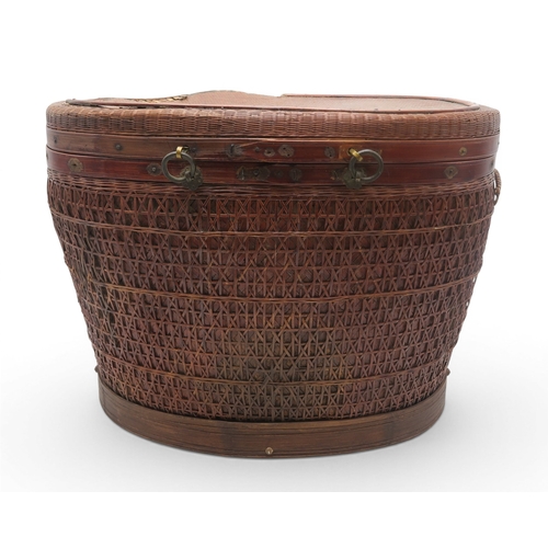 56A - A Chinese oval-shaped rattan wedding basket, with intricately woven lattice body, 19th century, 52 x...