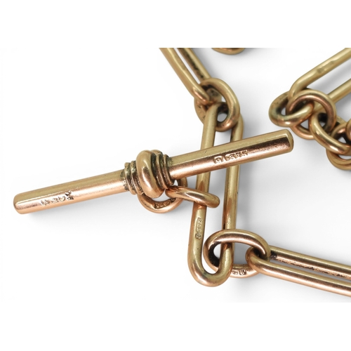 2752 - A ROSE GOLD FOB CHAINwith baton links hallmarked 9 .375 to every link, the 'T'bar and both lobster c... 