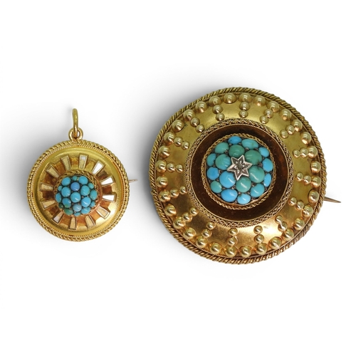 2754 - TWO VICTORIAN JEWELSboth made in yellow metal both with locket backs. the brooch is set with  turquo... 