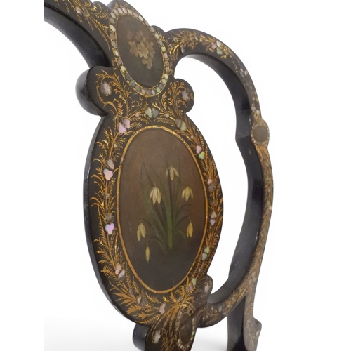 2009 - A 19TH CENTURY BLACK LACQUERED PAPIER MACHE BERGERE PARLOUR CHAIRwith moulded gilt painted mother of... 