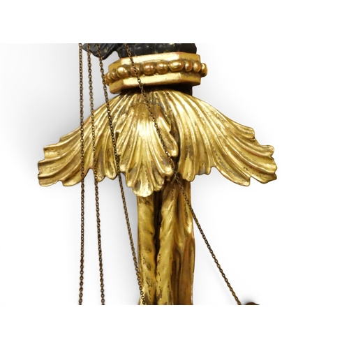 2012 - A PAIR OF REGENCY STYLE TWO BRANCH GILT CANDLE WALL SCONCES with twinned scrolled candle holders und... 