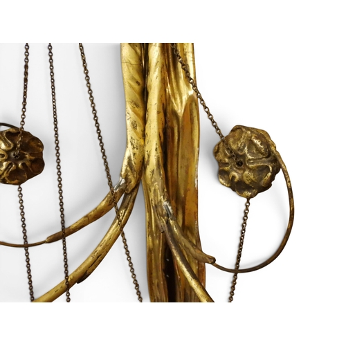 2012 - A PAIR OF REGENCY STYLE TWO BRANCH GILT CANDLE WALL SCONCES with twinned scrolled candle holders und... 