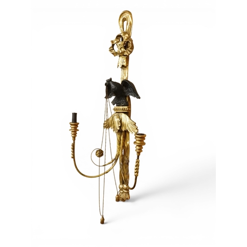 2012 - A PAIR OF REGENCY STYLE TWO BRANCH GILT CANDLE WALL SCONCES with twinned scrolled candle holders und... 