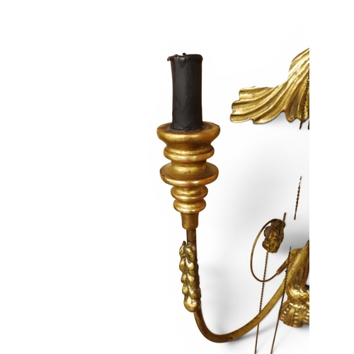2012 - A PAIR OF REGENCY STYLE TWO BRANCH GILT CANDLE WALL SCONCES with twinned scrolled candle holders und... 