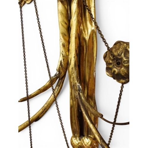 2012 - A PAIR OF REGENCY STYLE TWO BRANCH GILT CANDLE WALL SCONCES with twinned scrolled candle holders und... 