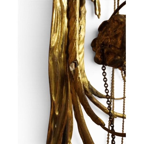 2012 - A PAIR OF REGENCY STYLE TWO BRANCH GILT CANDLE WALL SCONCES with twinned scrolled candle holders und... 