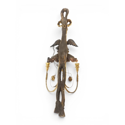 2012 - A PAIR OF REGENCY STYLE TWO BRANCH GILT CANDLE WALL SCONCES with twinned scrolled candle holders und... 