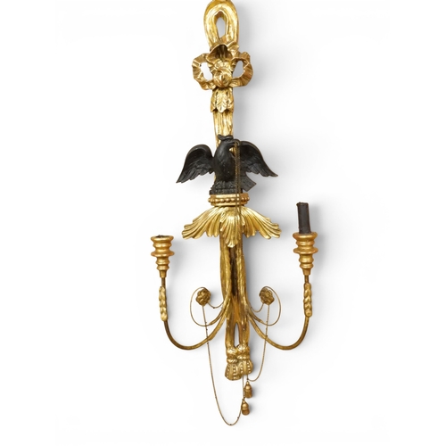 2012 - A PAIR OF REGENCY STYLE TWO BRANCH GILT CANDLE WALL SCONCES with twinned scrolled candle holders und... 
