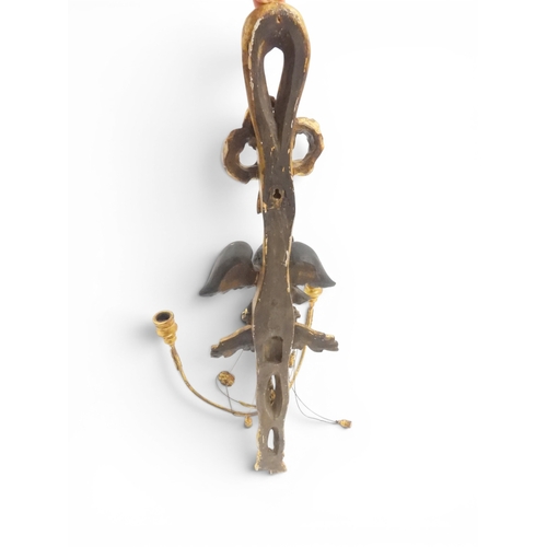 2012 - A PAIR OF REGENCY STYLE TWO BRANCH GILT CANDLE WALL SCONCES with twinned scrolled candle holders und... 