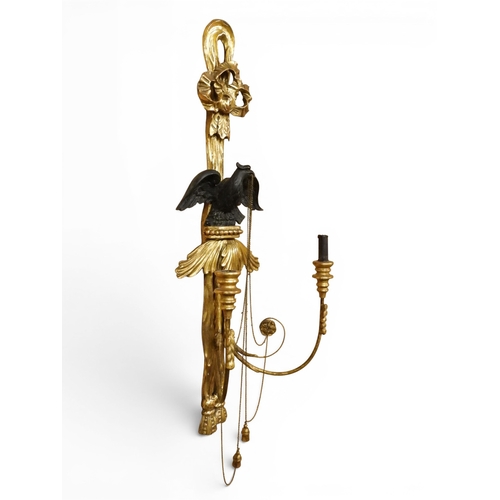 2012 - A PAIR OF REGENCY STYLE TWO BRANCH GILT CANDLE WALL SCONCES with twinned scrolled candle holders und... 