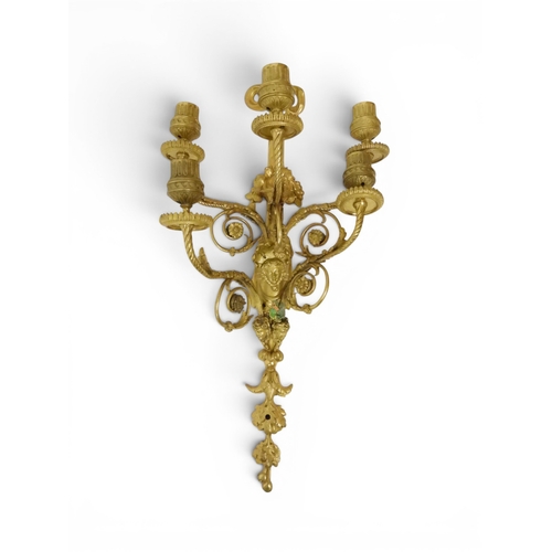 2014 - A PAIR OF 20TH CENTURY GILT METAL REGENCY STYLE FIVE BRANCH CANDLE WALL SCONCESwith scrolled floral ... 