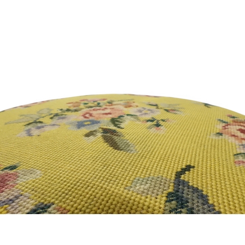 2027 - A PAIR OF 19TH CENTURY WALNUT RISE AND FALL PIANO STOOLS&nbsp;with circular mustard floral tapestry ... 