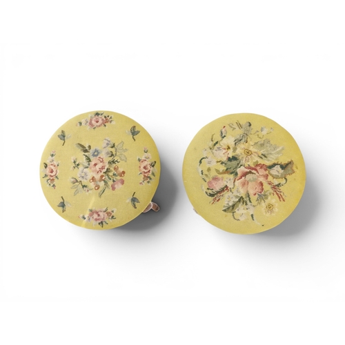 2027 - A PAIR OF 19TH CENTURY WALNUT RISE AND FALL PIANO STOOLS&nbsp;with circular mustard floral tapestry ... 