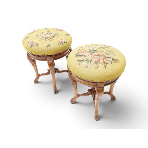2027 - A PAIR OF 19TH CENTURY WALNUT RISE AND FALL PIANO STOOLS&nbsp;with circular mustard floral tapestry ... 