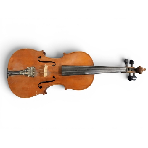 Violin - 14" full size Stradivarius copy, German made with decorated purfling pattern inlay to the back and floral decorated tailpiece. 