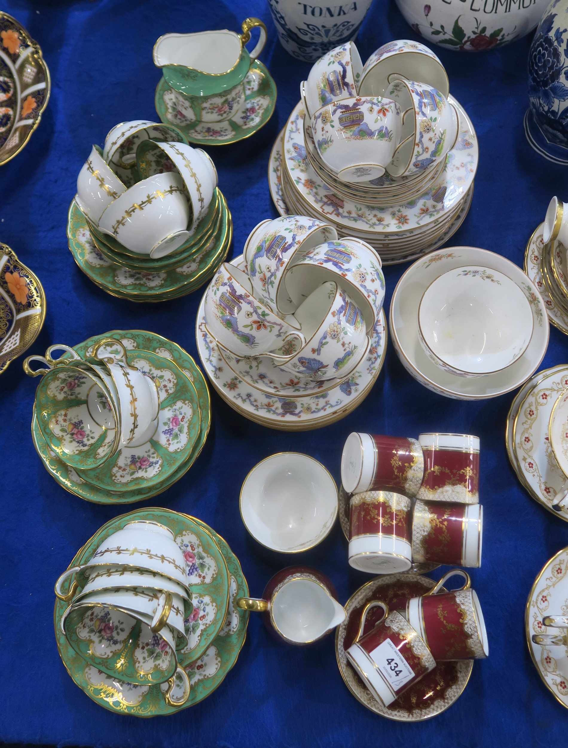 An Aynsley fruit and flower decorated tea set with green ground, a ...