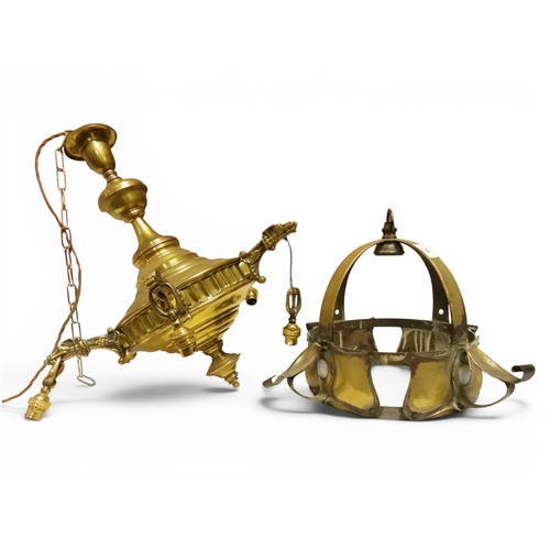 10 - A lot comprising a late 19th century brass Arts & Crafts chandelier with four scrolled branches ...