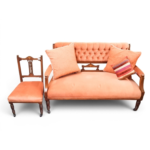 12 - A lot comprising a 19th century mahogany and satinwood inlaid parlour settee with pink velour uphols...