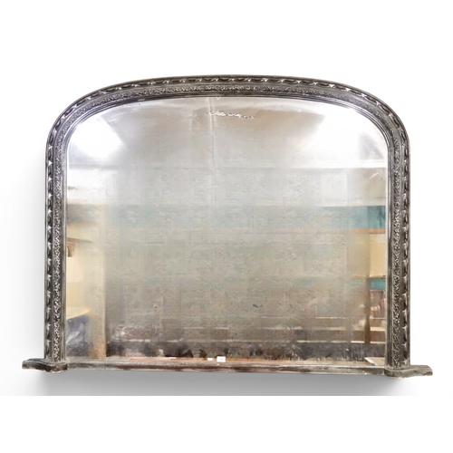 19 - A large impressive late 19th century arched overmantle mirror with painted gesso frame, 138cm high x...
